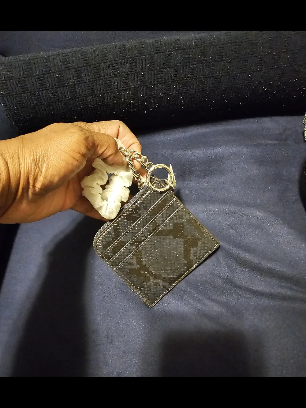 Michael Kors Navy Blue Snakeskin Patent Card Holder Wallet with Chain NWT
